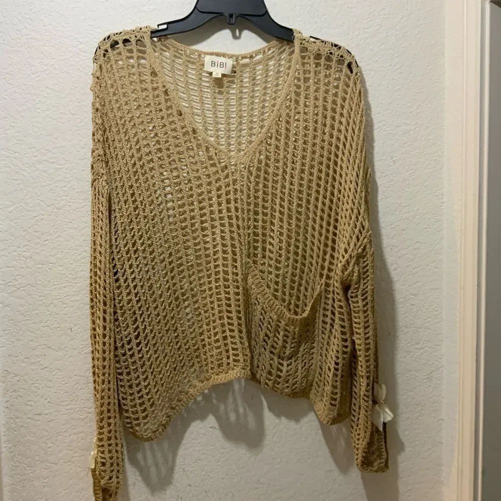 BiBi Crochet Long Sleeve Shirt Oversized Top size M white bow accent sleeves